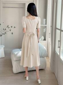 DAZY Sweetheart Neck Puff Sleeve Tie Backless Dress Sundress - Beige - View 2