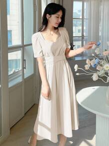 DAZY Sweetheart Neck Puff Sleeve Tie Backless Dress Sundress - Beige - View 3