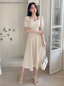 DAZY Sweetheart Neck Puff Sleeve Tie Backless Dress Sundress - Beige - View 4