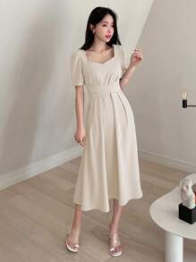 DAZY Sweetheart Neck Puff Sleeve Tie Backless Dress Sundress - Beige - View 5