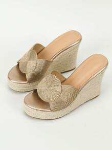 女士草编坡跟凉鞋，简约套脚式编织绳高跟鞋，室内外皆宜，度假休闲厚底拖鞋，春夏穿搭 - 香檳色 - 查看 6