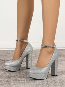 Giày cao gót nữ thời trang với khóa cài, mũi tròn, gợi cảm cho các bữa tiệc đêm, cỡ lớn, gót dày 12.5cm, giày cao gót đa năng. - Bạc - Xem 2
