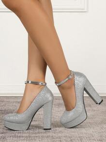 Giày cao gót nữ thời trang với khóa cài, mũi tròn, gợi cảm cho các bữa tiệc đêm, cỡ lớn, gót dày 12.5cm, giày cao gót đa năng. - Bạc - Xem 5