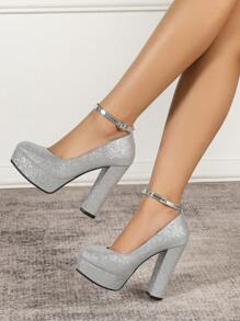 Giày cao gót nữ thời trang với khóa cài, mũi tròn, gợi cảm cho các bữa tiệc đêm, cỡ lớn, gót dày 12.5cm, giày cao gót đa năng. - Bạc - Xem 6