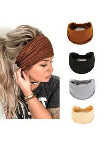 4pcs Gray Coffee Camel Black Solid Wide Edge Sweat-absorbent Yoga Elastic Headband - Black - View 1