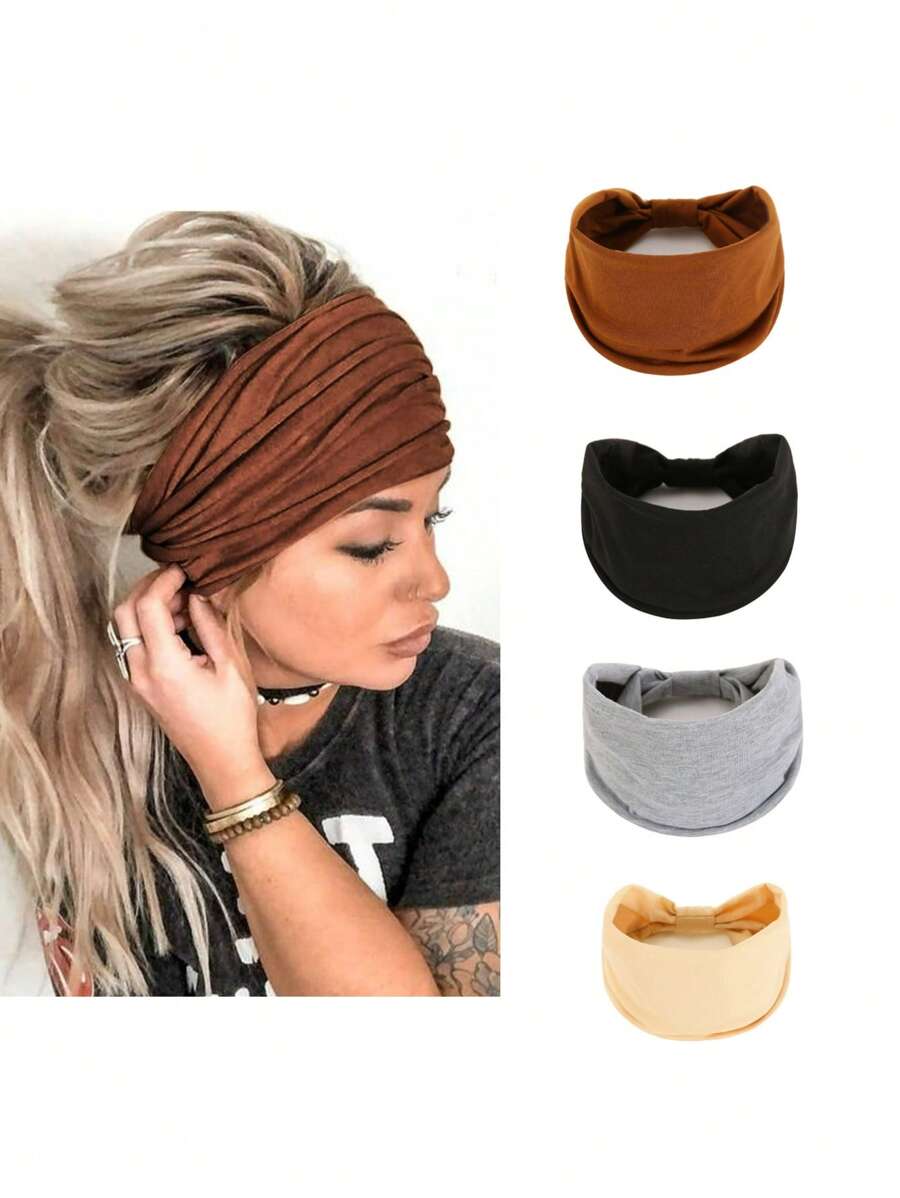 4pcs Gray Coffee Camel Black Solid Wide Edge Sweat-absorbent Yoga Elastic Headband - Black - View 1