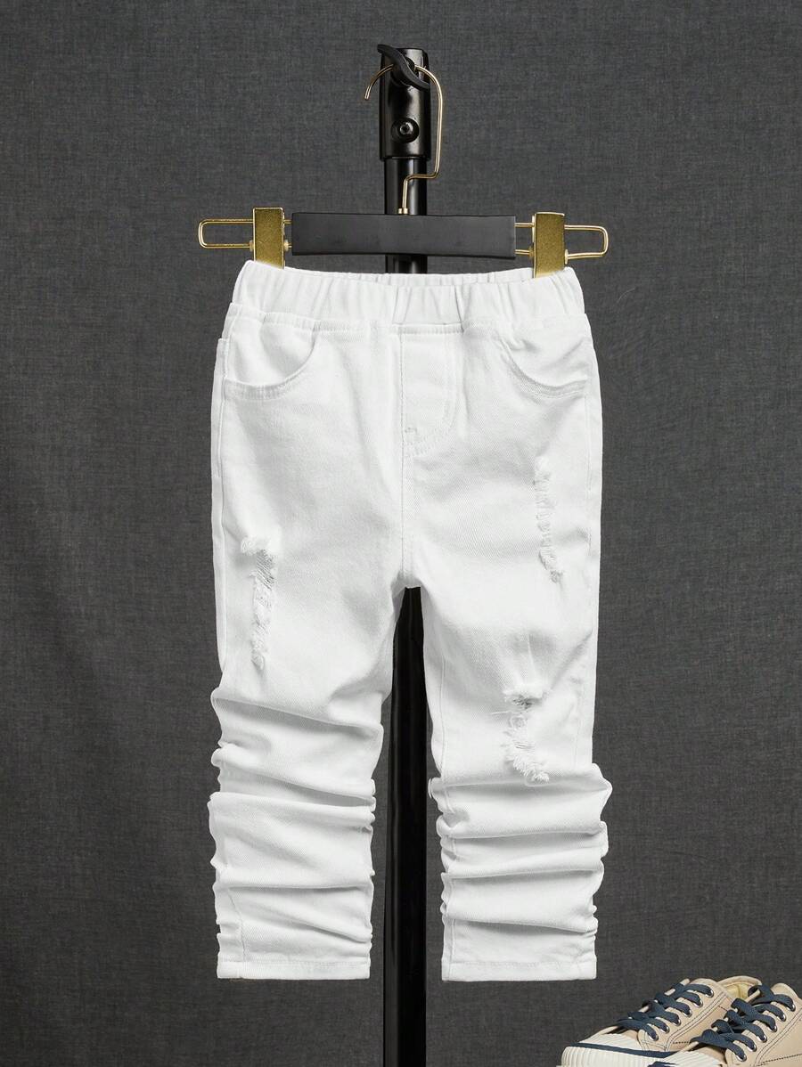 SHEIN Young Boy Ripped Frayed Elastic Waist Jeans - White - View 1