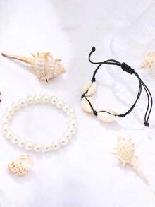 2 cái/bộ Vòng tay trang trí vỏ sò Boho và ngọc trai giả cho nam giới - Màu be - Xem 1