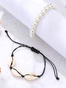 2 cái/bộ Vòng tay trang trí vỏ sò Boho và ngọc trai giả cho nam giới - Màu be - Xem 2