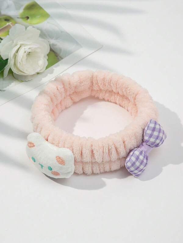 1pc Pink Bath Headband, Modernist Polyester Animal & Bow Decor Bath Hairlace For Bathroom