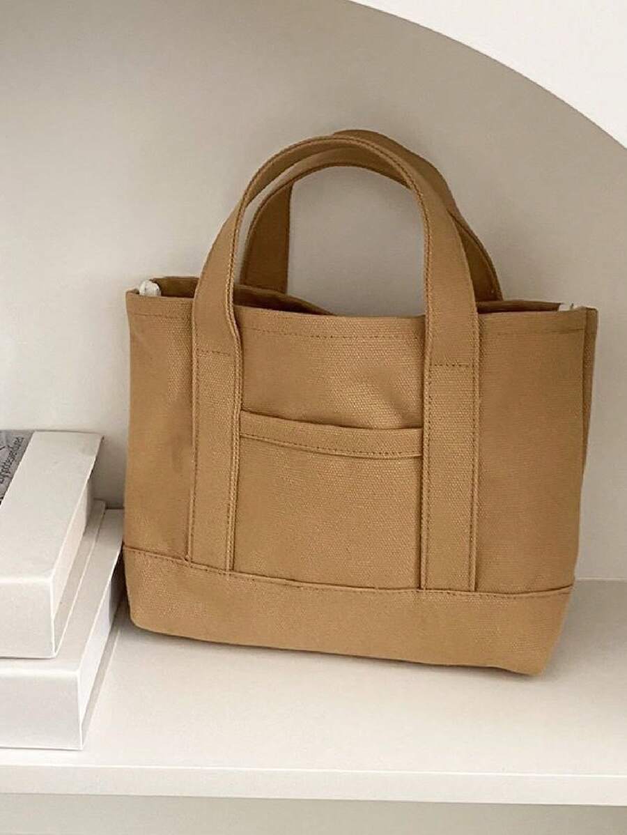 Khaki Square Bag Minimalist Canvas Double Handle For Daily - Khaki - View 1