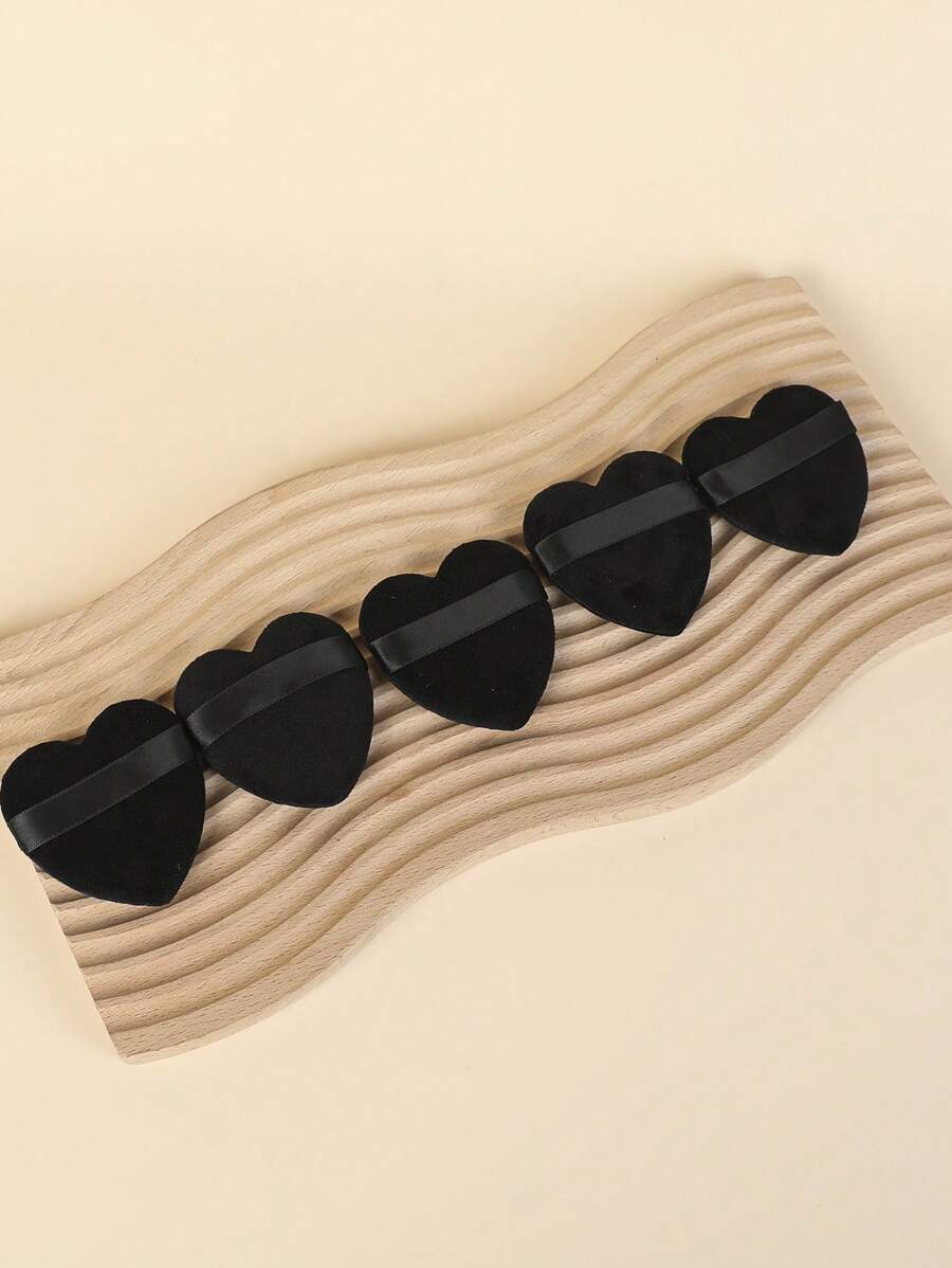 5入組黑色心形散粉撲水晶絲絨定型化妝海綿工具短款絲絨乾粉撲不吃粉 - 黑色 - 查看 1