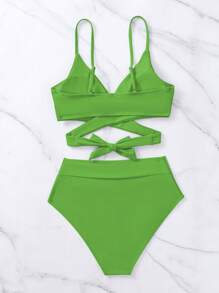 SHEIN Swim Summer Crisscross Overlap Waisted Bikini Set - Lime Green - View 2