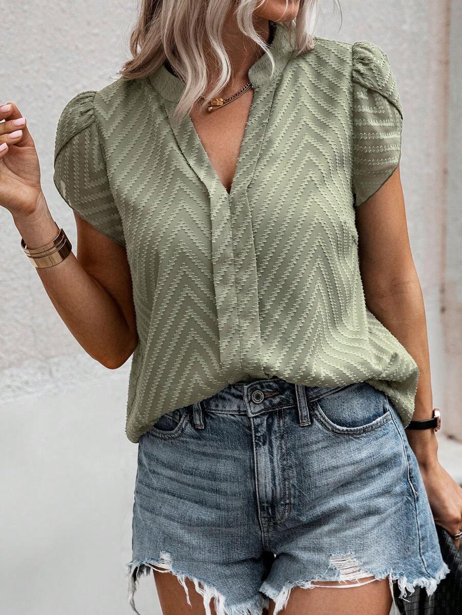 SHEIN VCAY Petal Sleeve Notched Neck Blouse - Army Green - View 1