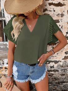 SHEIN LUNE Solid Petal Sleeve Blouse - Army Green - View 5
