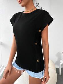 EURMUSE Button Detail Batwing Sleeve Tee - màu đen - Xem 4