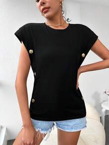 EURMUSE Button Detail Batwing Sleeve Tee - màu đen - Xem 5