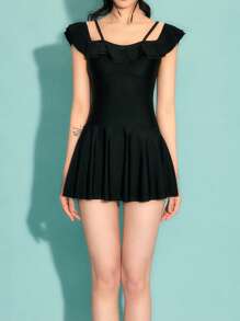 Ruffle Trim One Piece Swimsuit Summer - Black - View 1