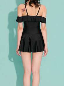 Ruffle Trim One Piece Swimsuit Summer - Black - View 2