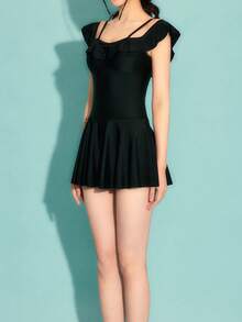 Ruffle Trim One Piece Swimsuit Summer - Black - View 3
