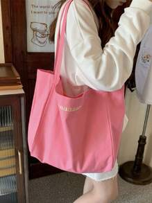 Letter Embroidered Shopper Bag Plain Top Handle, Large Capacity Tote Bag For Work And Travel - Pink - View 1