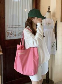 Letter Embroidered Shopper Bag Plain Top Handle, Large Capacity Tote Bag For Work And Travel - Pink - View 2