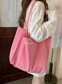 Letter Embroidered Shopper Bag Plain Top Handle, Large Capacity Tote Bag For Work And Travel - Pink - View 3