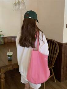 Letter Embroidered Shopper Bag Plain Top Handle, Large Capacity Tote Bag For Work And Travel - Pink - View 4