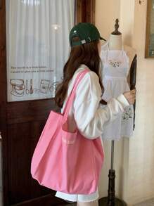 Letter Embroidered Shopper Bag Plain Top Handle, Large Capacity Tote Bag For Work And Travel - Pink - View 5