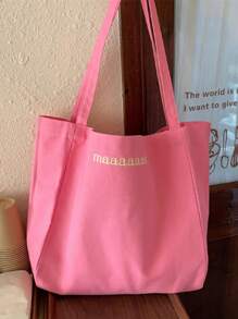 Letter Embroidered Shopper Bag Plain Top Handle, Large Capacity Tote Bag For Work And Travel - Pink - View 7