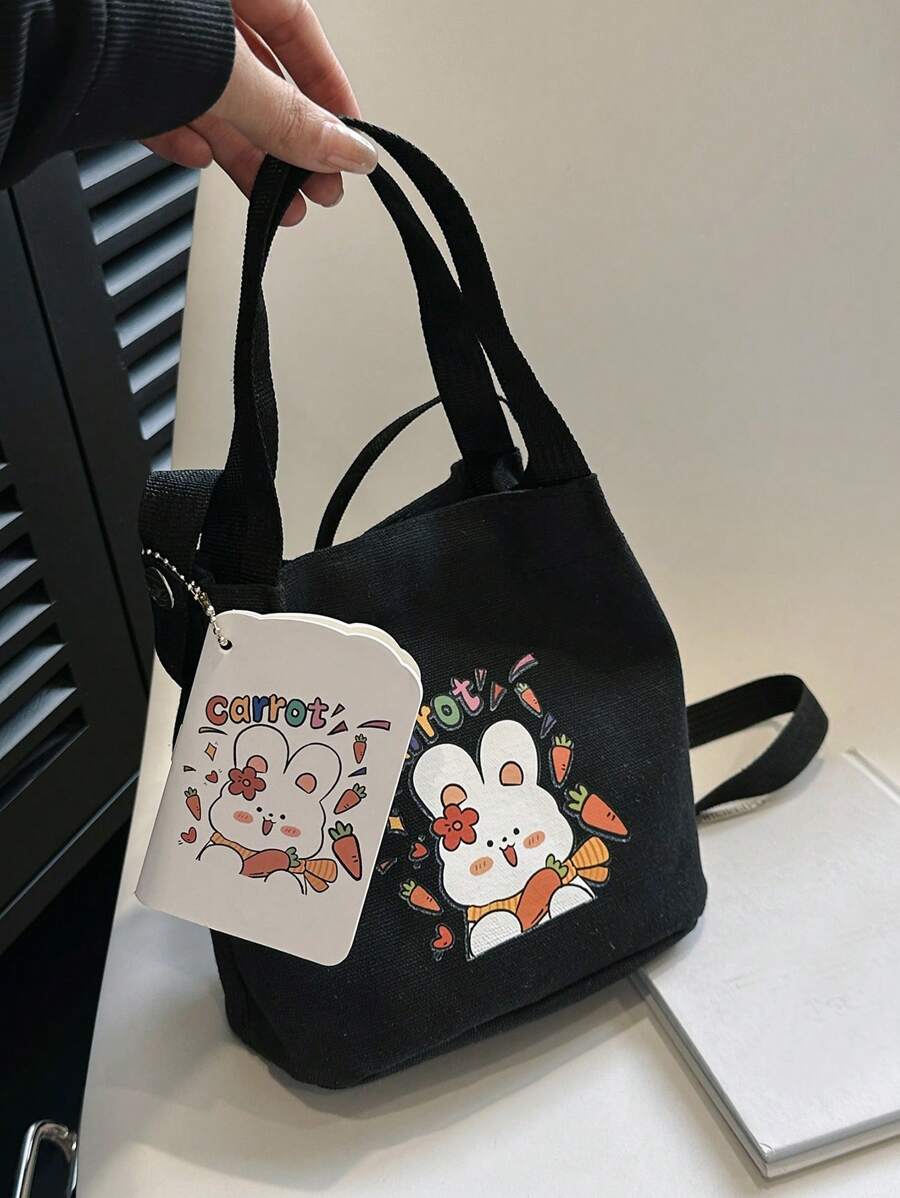 Mini Bucket Bag With Coin Purse Cute Cartoon Rabbit & Letter Graphic Polyester, Kawaii - Black - View 1
