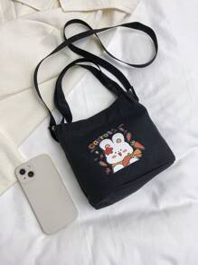 Mini Bucket Bag With Coin Purse Cute Cartoon Rabbit & Letter Graphic Polyester, Kawaii - Black - View 4