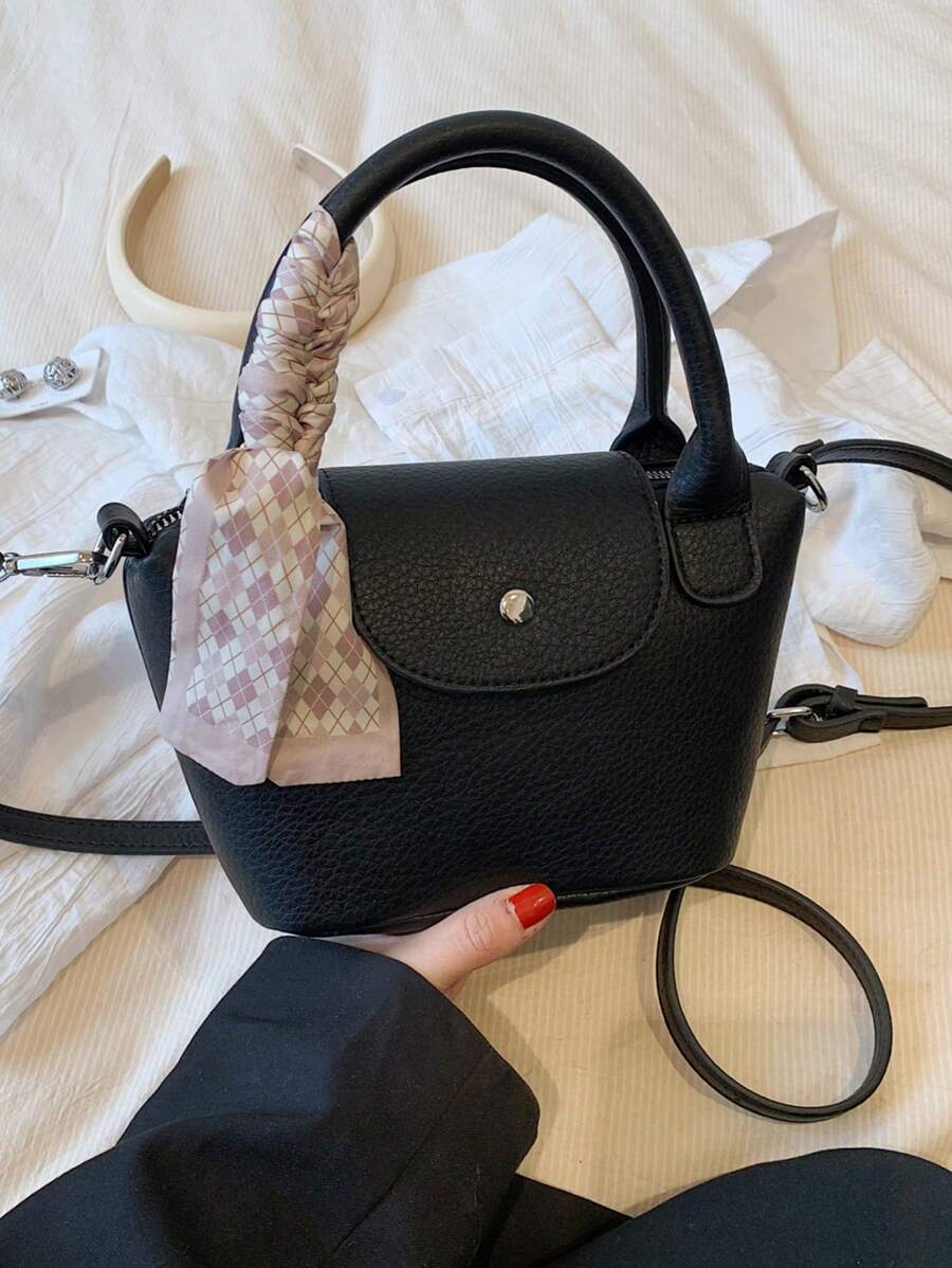 CONTAINEVERY Black Bucket Bag Double Handle Zipper PU - Black - View 1