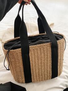 CONTAINEVERY 輕量、便攜式大號草編提包，採用抽繩設計和雙手柄，適用於青少年女孩、女性大學生，非常適合野外、旅行、郊遊，擁有大容量的手提包，夏季旅行、海灘必備女性包款，也可以當做學生書包、便攜式大容量手提包，適用於青少年、女性大學生，非常適合辦公室、大學、中學、高中、工作、商務、上下班、海灘等場合。