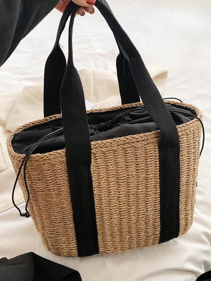 CONTAINEVERY 輕量、便攜式大號草編提包，採用抽繩設計和雙手柄，適用於青少年女孩、女性大學生，非常適合野外、旅行、郊遊，擁有大容量的手提包，夏季旅行、海灘必備女性包款，也可以當做學生書包、便攜式大容量手提包，適用於青少年、女性大學生，非常適合辦公室、大學、中學、高中、工作、商務、上下班、海灘等場合。