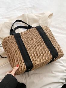 CONTAINEVERY 輕量、便攜式大號草編提包，採用抽繩設計和雙手柄，適用於青少年女孩、女性大學生，非常適合野外、旅行、郊遊，擁有大容量的手提包，夏季旅行、海灘必備女性包款，也可以當做學生書包、便攜式大容量手提包，適用於青少年、女性大學生，非常適合辦公室、大學、中學、高中、工作、商務、上下班、海灘等場合。