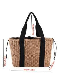 CONTAINEVERY 輕量、便攜式大號草編提包，採用抽繩設計和雙手柄，適用於青少年女孩、女性大學生，非常適合野外、旅行、郊遊，擁有大容量的手提包，夏季旅行、海灘必備女性包款，也可以當做學生書包、便攜式大容量手提包，適用於青少年、女性大學生，非常適合辦公室、大學、中學、高中、工作、商務、上下班、海灘等場合。