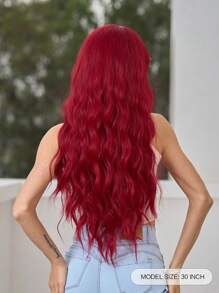 红色长卷发波浪形合成耐热假发，带刘海，女士假发，适合日常佩戴，服装假发，角色扮演派对礼物，圣诞节冬季 Y2K 假发 - 紅色 - 查看 4