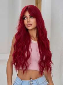红色长卷发波浪形合成耐热假发，带刘海，女士假发，适合日常佩戴，服装假发，角色扮演派对礼物，圣诞节冬季 Y2K 假发 - 紅色 - 查看 5
