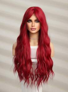 红色长卷发波浪形合成耐热假发，带刘海，女士假发，适合日常佩戴，服装假发，角色扮演派对礼物，圣诞节冬季 Y2K 假发 - 紅色 - 查看 7