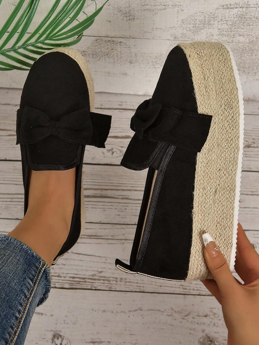 度假樂福鞋適用於女士仿麂皮蝴蝶結裝飾編織坡跟鞋