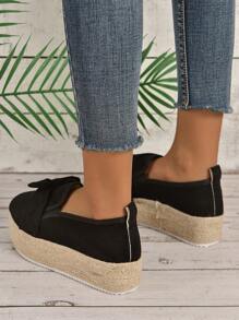 度假樂福鞋適用於女士仿麂皮蝴蝶結裝飾編織坡跟鞋