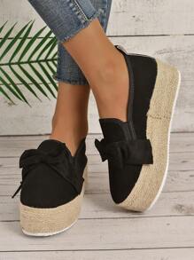 度假樂福鞋適用於女士仿麂皮蝴蝶結裝飾編織坡跟鞋