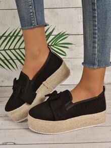 度假樂福鞋適用於女士仿麂皮蝴蝶結裝飾編織坡跟鞋