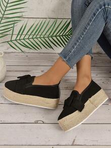 度假樂福鞋適用於女士仿麂皮蝴蝶結裝飾編織坡跟鞋