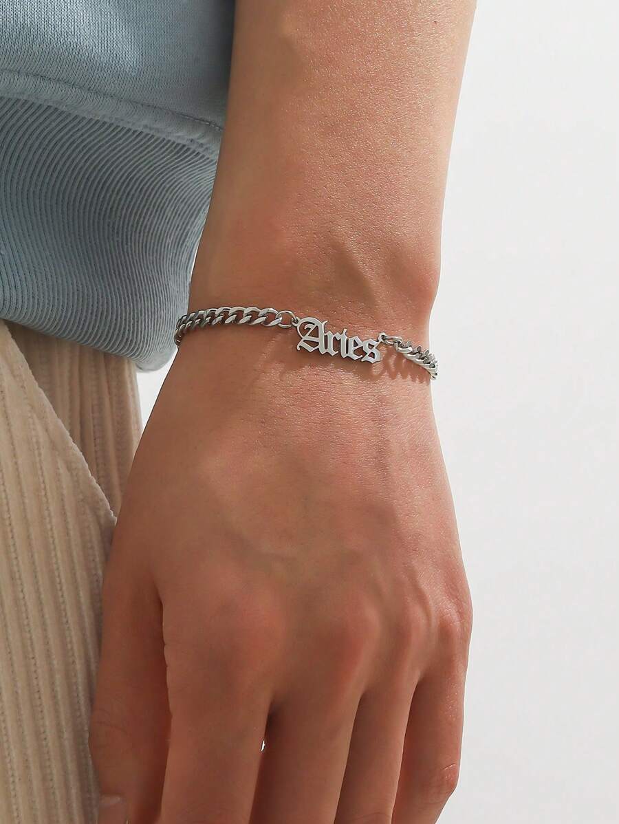 1入組時尚不銹鋼星座字母裝飾手環適合男士日常裝飾 - 銀色 - 查看 1