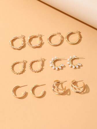 6 par/set Mode Twist Design Pärldekor Ring Örhängen För kvinnor För daglig dekoration