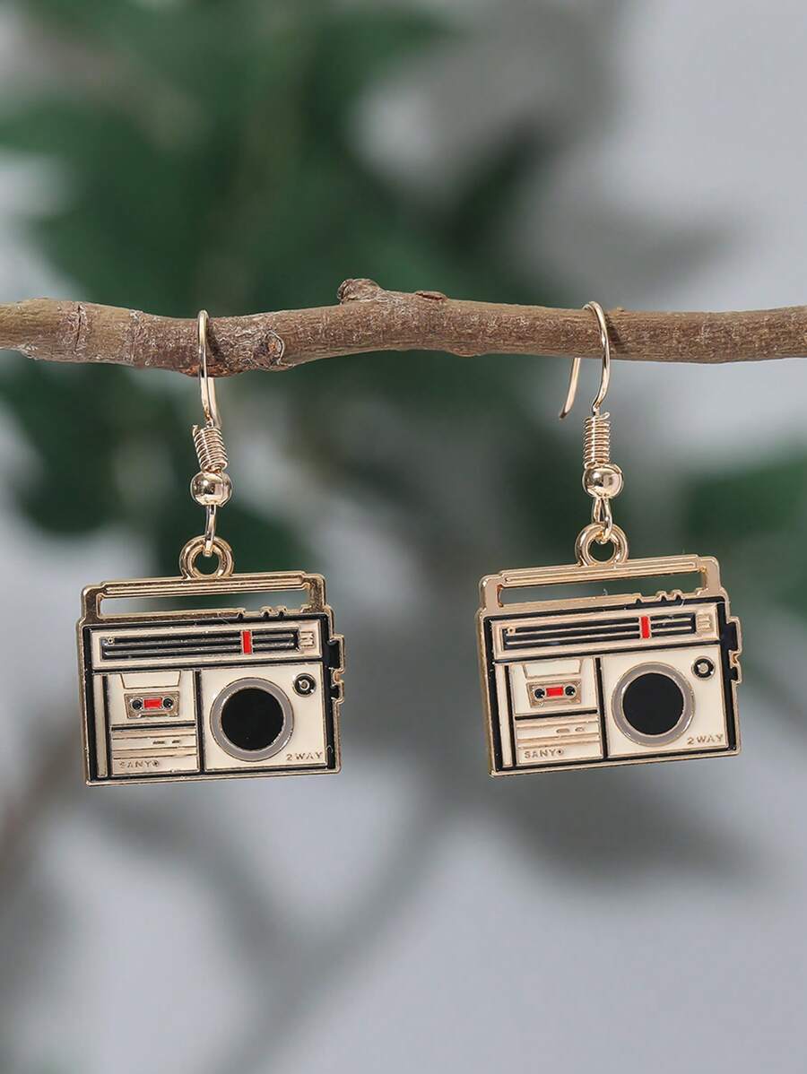 1對復古鋅合金收音機耳墜適合女士適合派對 - 金色 - 查看 1