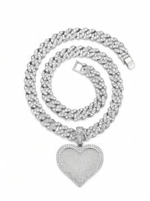 Một chiếc vòng cổ mặt dây chuyền hình trái tim đính đá phong cách Hip-Hop phù hợp để trang trí hàng ngày cho nam giới - Bạc - Xem 3