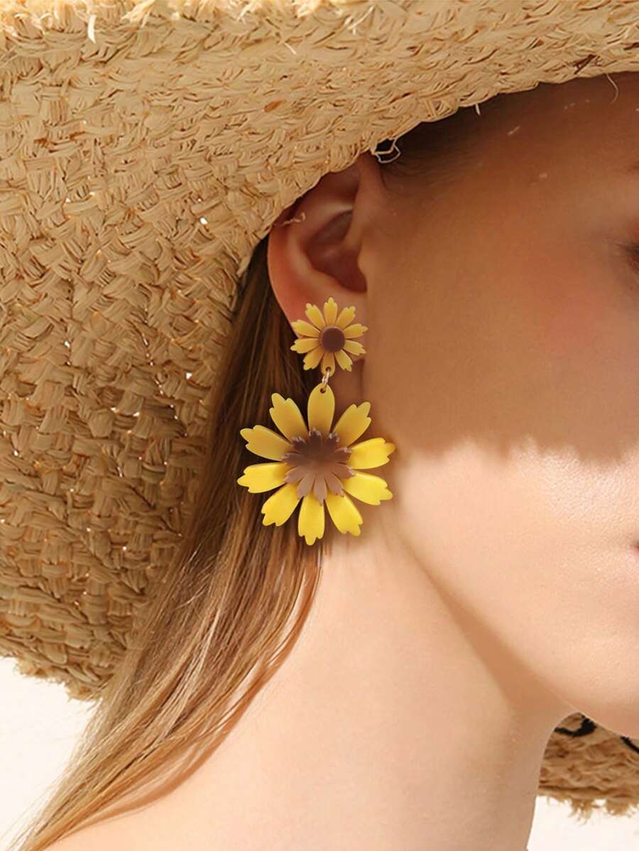 1 đôi bông tai hình hoa hướng dương thời trang dành cho nữ để trang trí hàng ngày - Màu vàng - Xem 1